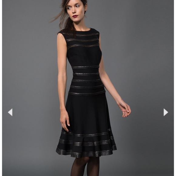 Tadashi Shoji FOIL PRINT BANDED BOATNECK DRESS IN BLACK / SILVER Small NWT